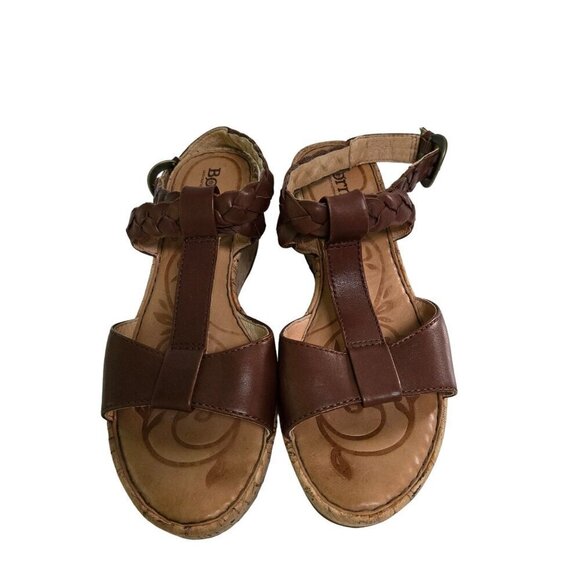 Born Laurene In Saddle Brown Braided Leather Cork Wedge Sandals Size 9 - Picture 6 of 10